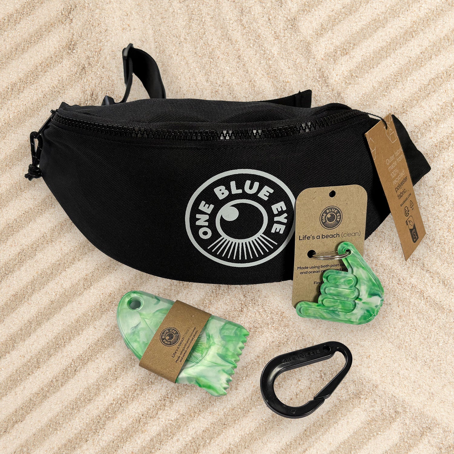 Surfers Essential Black Eco Bumbag, Green Items and Carabiner