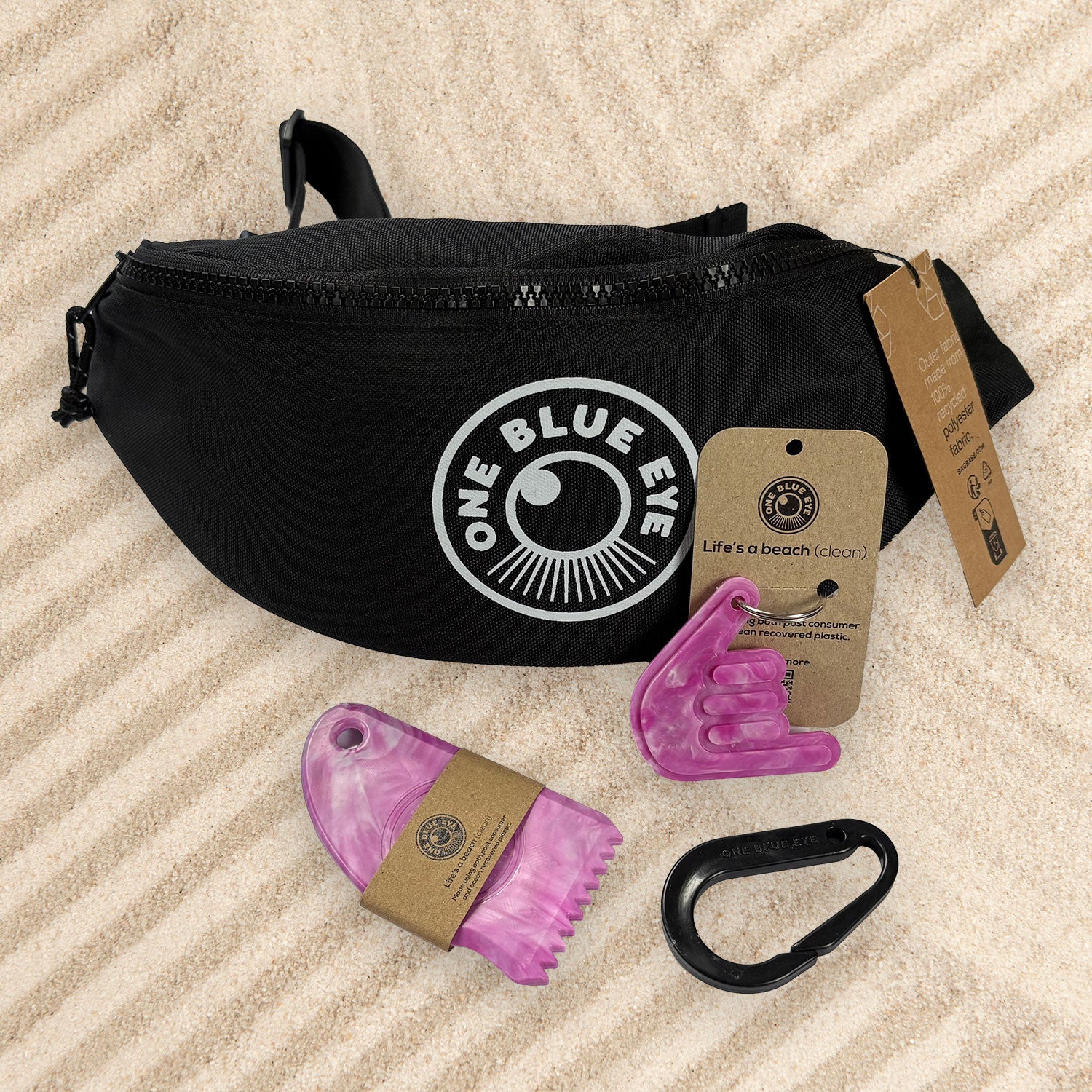Surfers Essential Black Eco Bumbag, Pink Items and Carabiner