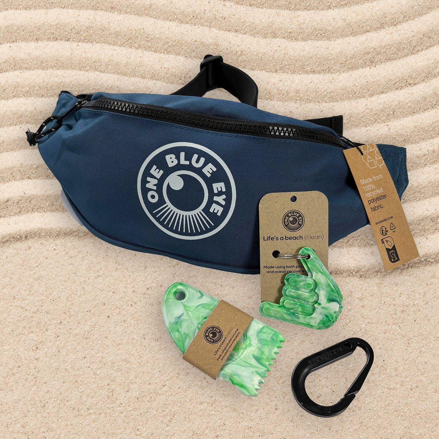 Surfers Essential Blue Eco Bumbag, Green Items and Carabiner