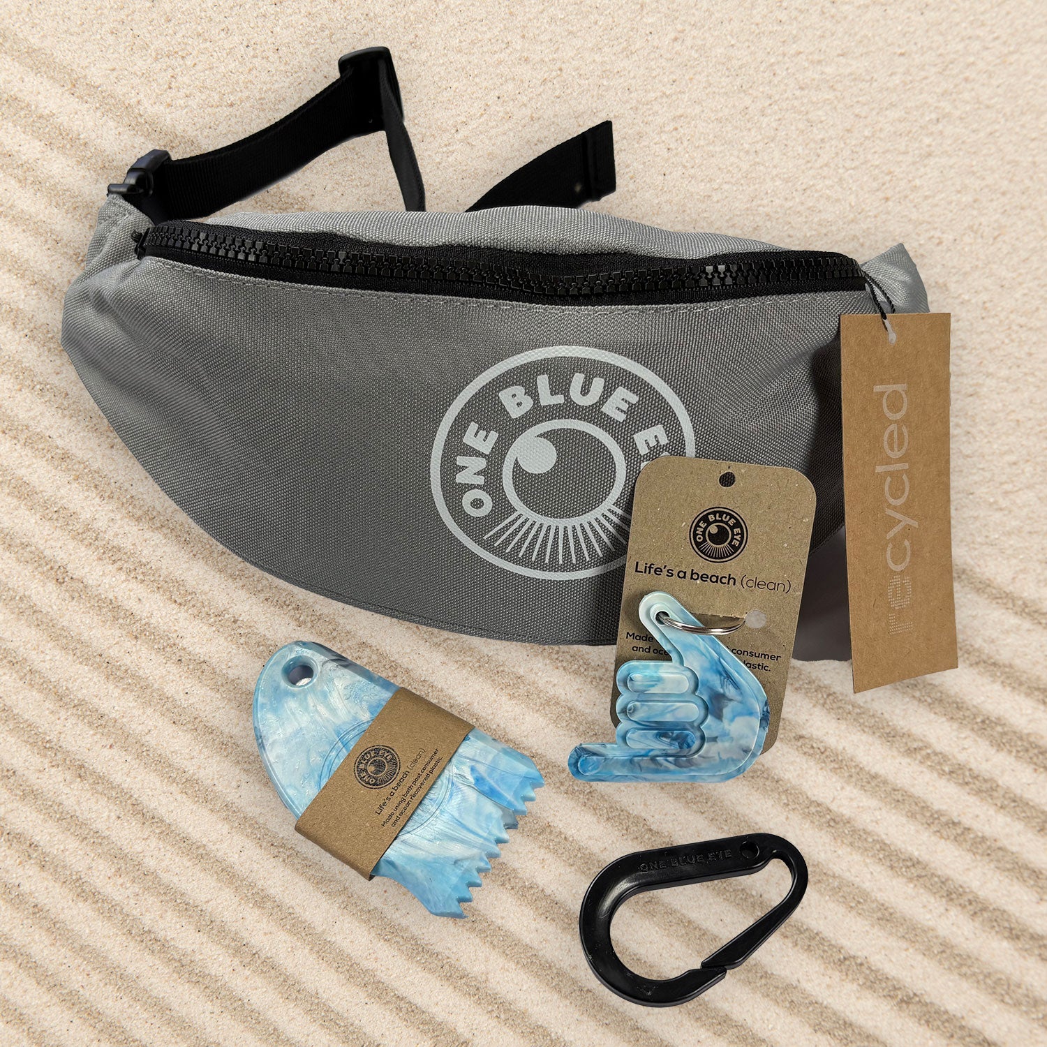 Surfers Essential Grey Eco Bumbag, Blue Items and Carabiner