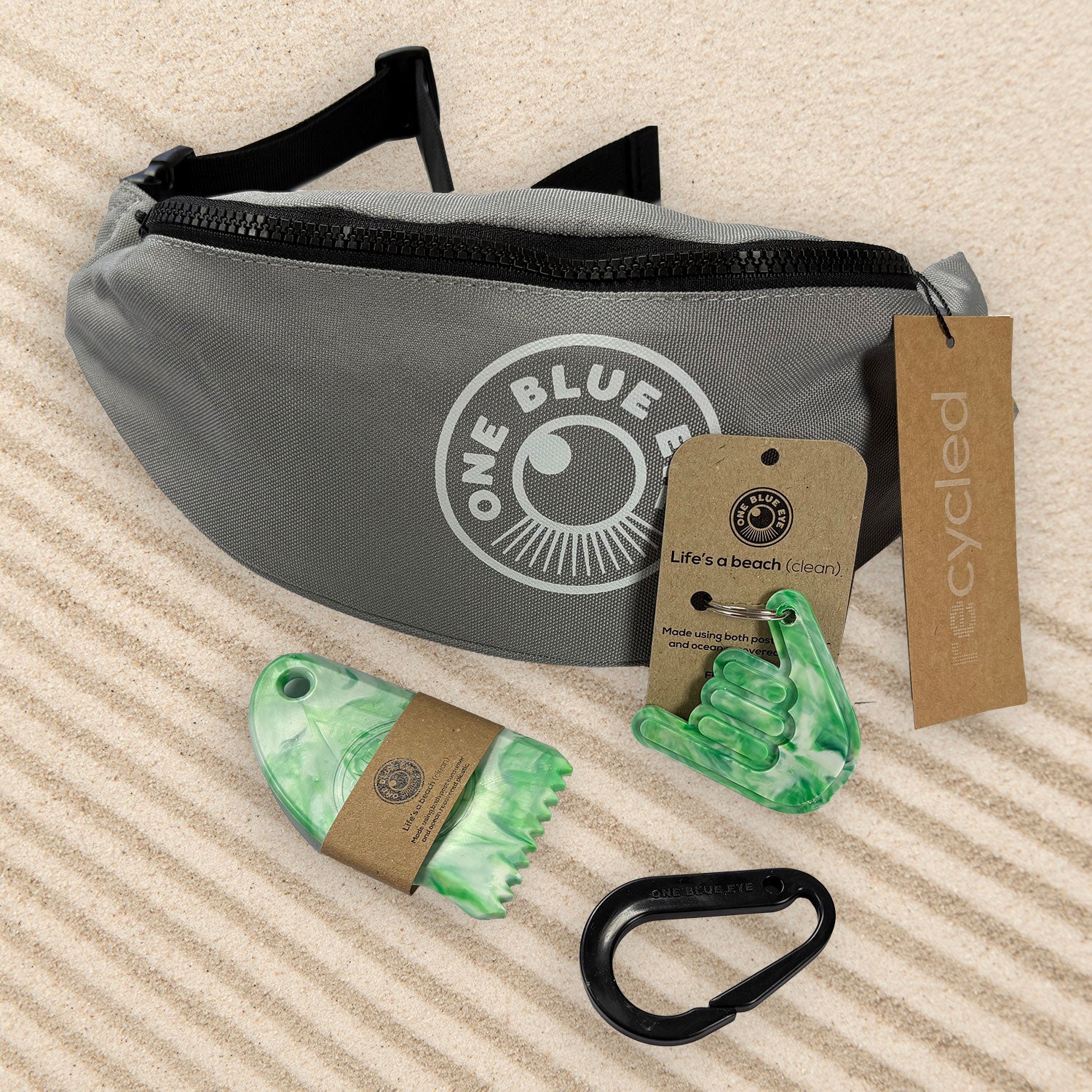 Surfers Essential Grey Eco Bumbag, Green Items and Carabiner