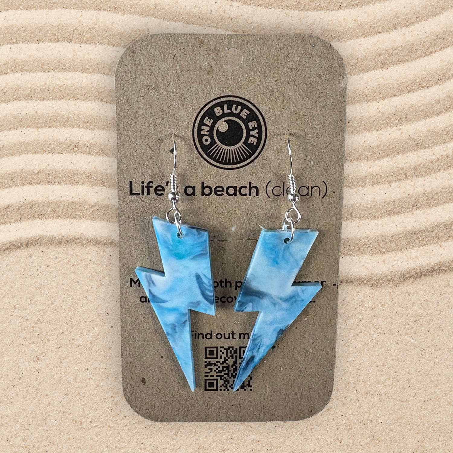 Cornish Beach Clean Plastic Large Lightning Bolt Earrings, Blue