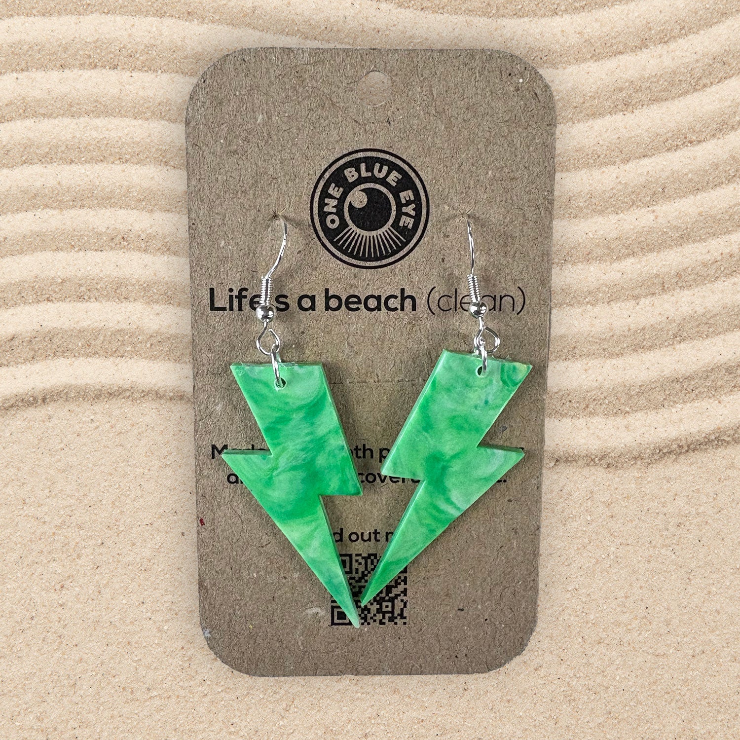 Cornish Beach Clean Plastic Large Lightning Bolt Earrings, Green