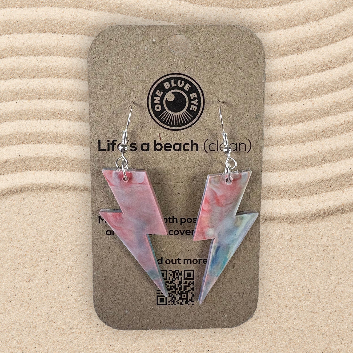 Cornish Beach Clean Plastic Large Lightning Bolt Earrings, Multi Colour