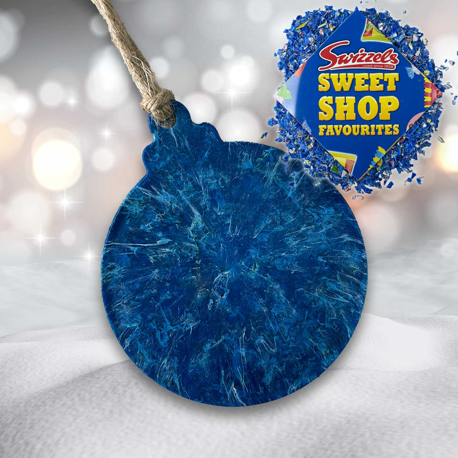 Recycled Plastic Christmas Decoration, Round Bauble, Sweetshop Blue