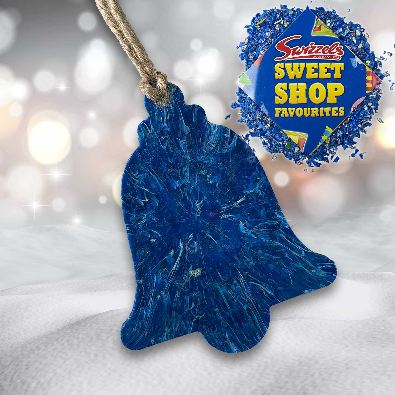Recycled Plastic Christmas Decoration, Bell, Sweetshop Blue
