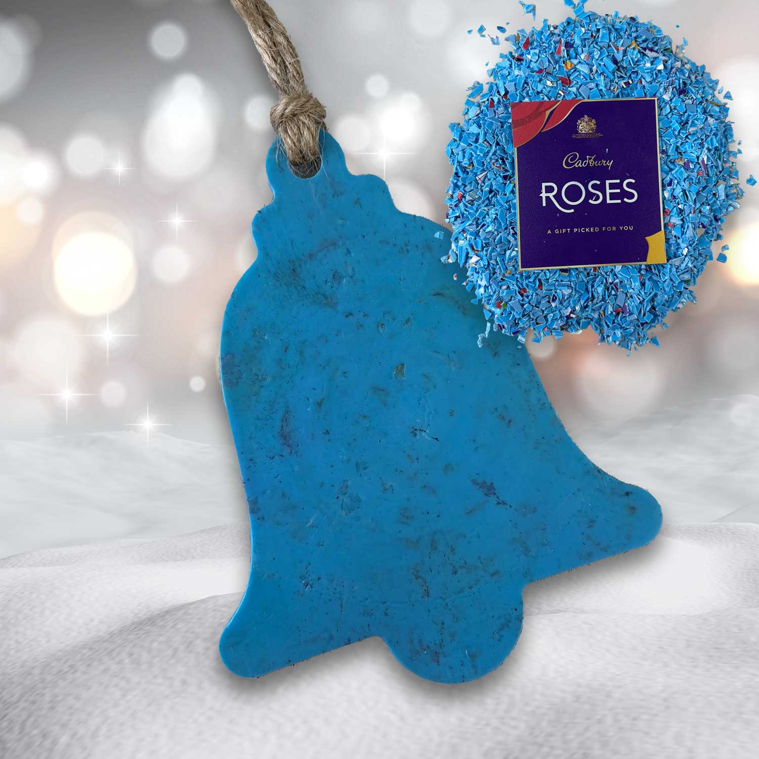 Recycled Plastic Christmas Decoration, Bell, Blue Rose