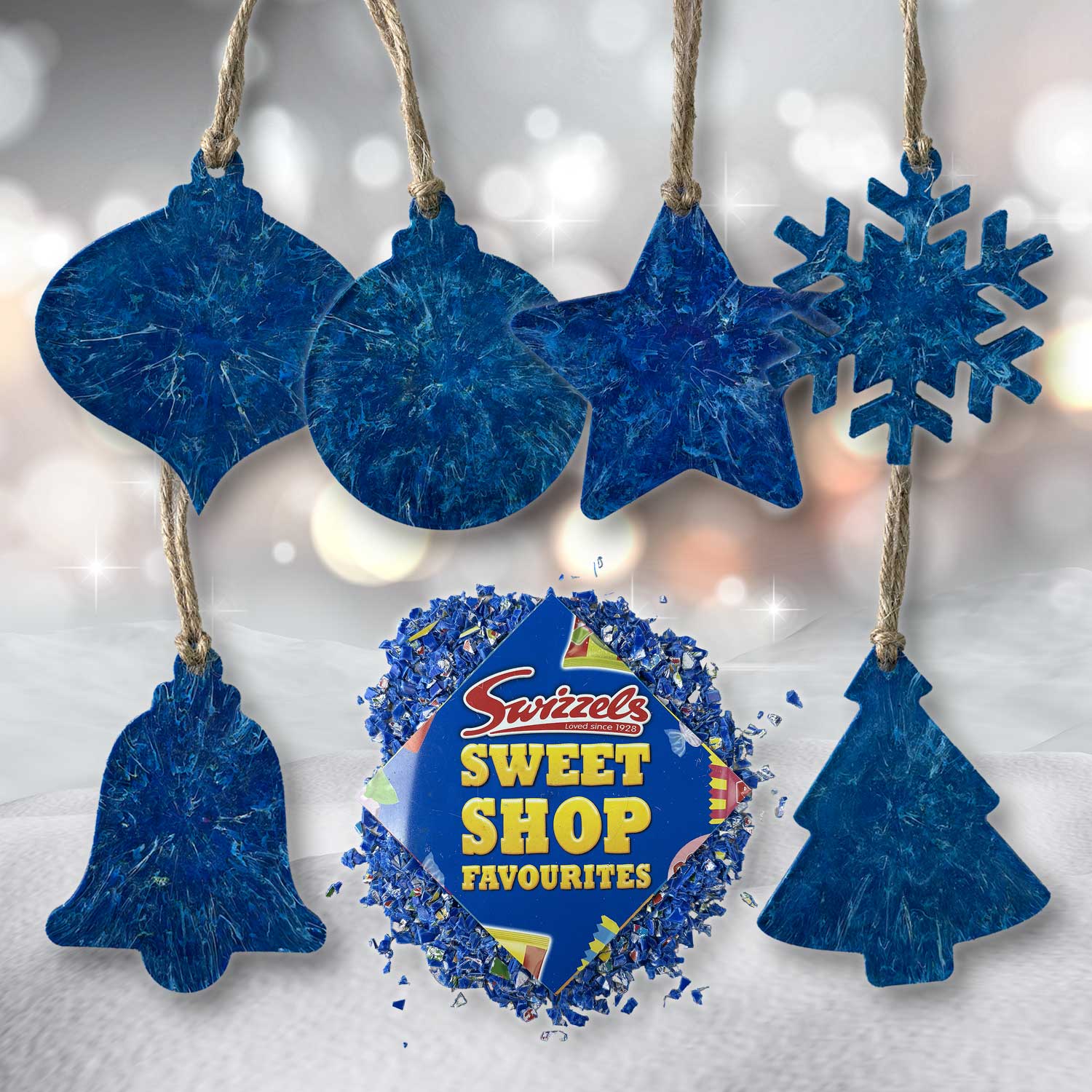 Recycled Plastic Christmas Decoration, 6 Pack, Sweetshop Blue