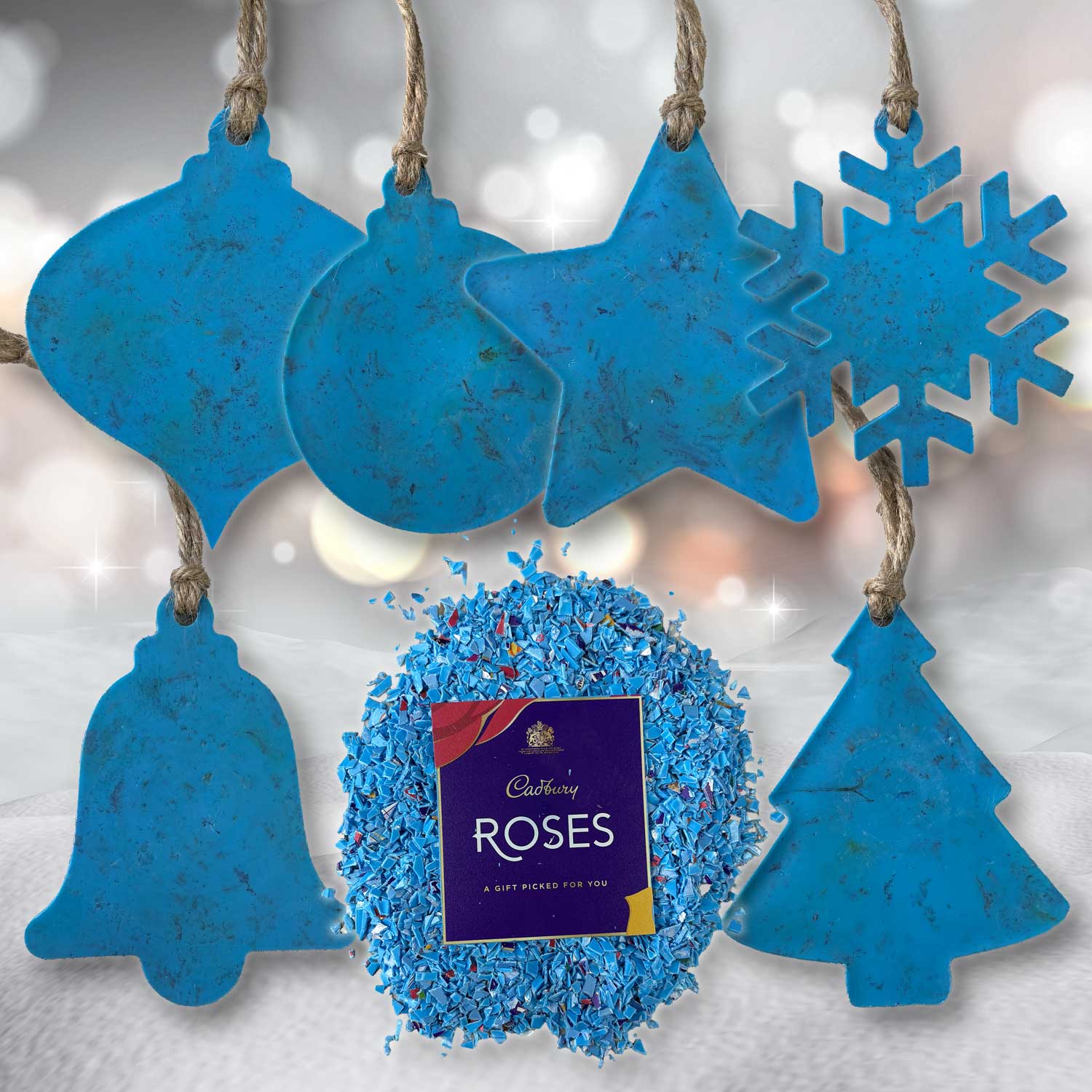 Recycled Plastic Christmas Decoration, 6 Pack, Blue Rose
